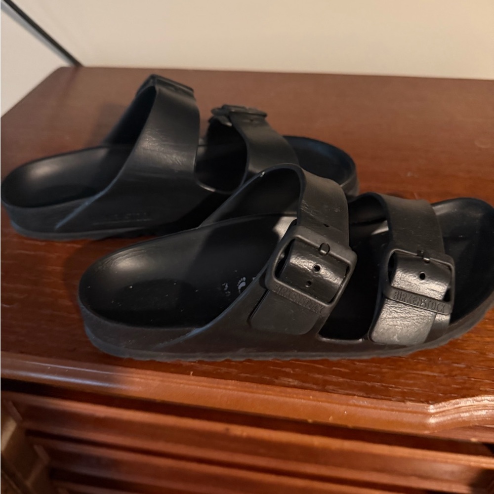 Black Birkenstock-Style Two-Strap Slide Sandals